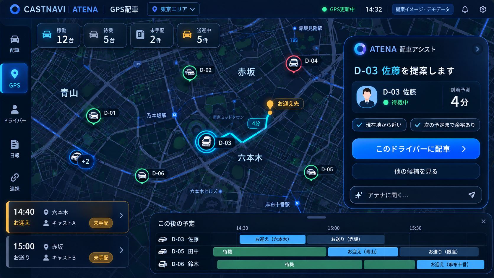 GPSと配車支援を統合した運用画面の提案イメージ